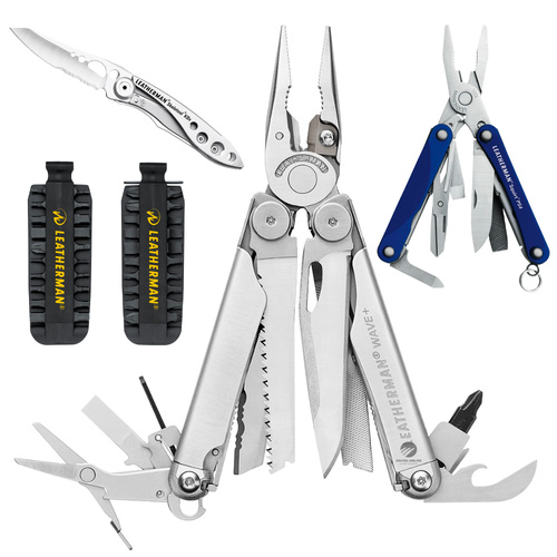 LEATHERMAN WAVE PLUS + MULTITOOL + LEATHER + BITKIT + BLUE PS4 + SKELETOOL KBX