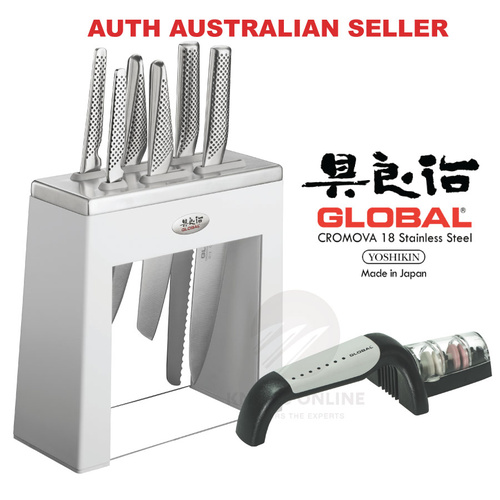 NEW GLOBAL KABUTO WHITE 7PC 7 PIECE KNIFE SET & BONUS SHARPENER SAVE! JAPAN