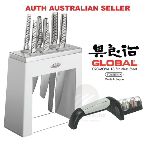 NEW GLOBAL KABUTO WHITE 7PC 7 PIECE KNIFE SET & BONUS SHARPENER SAVE! JAPAN