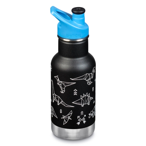 KLEAN KANTEEN KIDS SPORTS CAP 355ML 12OZ BLACK PAPER DINOS INSULATED CLASSIC BOTTLE
