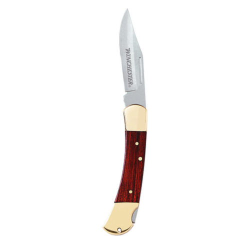 WINCHESTER 3.25" BRASS FOLDER POCKET KNIFE & LEATHER SHEATH 41323