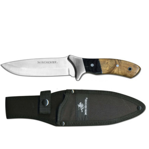 WINCHESTER DROP POINT FIXED BLADE KNIFE BURL WOOD HANDLE PLUS SHEATH 2241784
