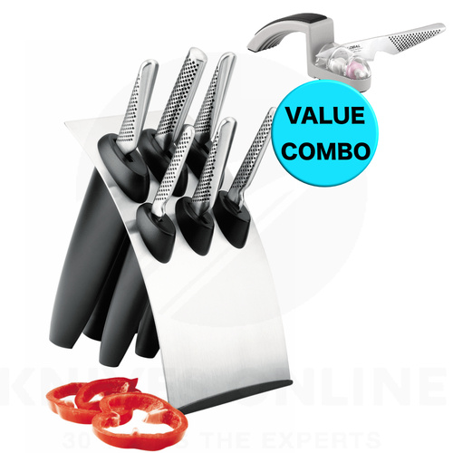 MILLENNIUM GLOBAL 7pc Stainless Steel Knife Block Set W/ BONUS Mino SHARPENER 7 Piece