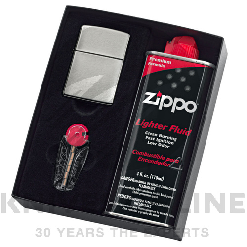 NEW ZIPPO BRUSHED CHROME 200 LIGHTER WITH FLUIDS + FLINTS 95411GP GIFT BOX 