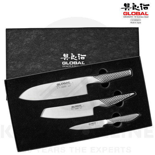 GLOBAL 3PC CHEFS KNIFE SET 9CM PARING 15CM VEGETABLE + 18CM SANTOKU 79644
