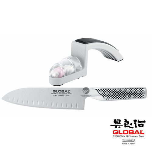 GLOBAL G-49 SANTOKU FLUTED BLADE 18CM KNIFE + MINOSHARP STARTER SET 2PC 79625 JAPAN