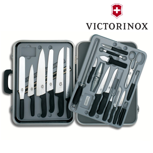 NEW VICTORINOX LARGE CHEFS CASE OF KNIVES FIBROX BLACK HANDLES 5.4923